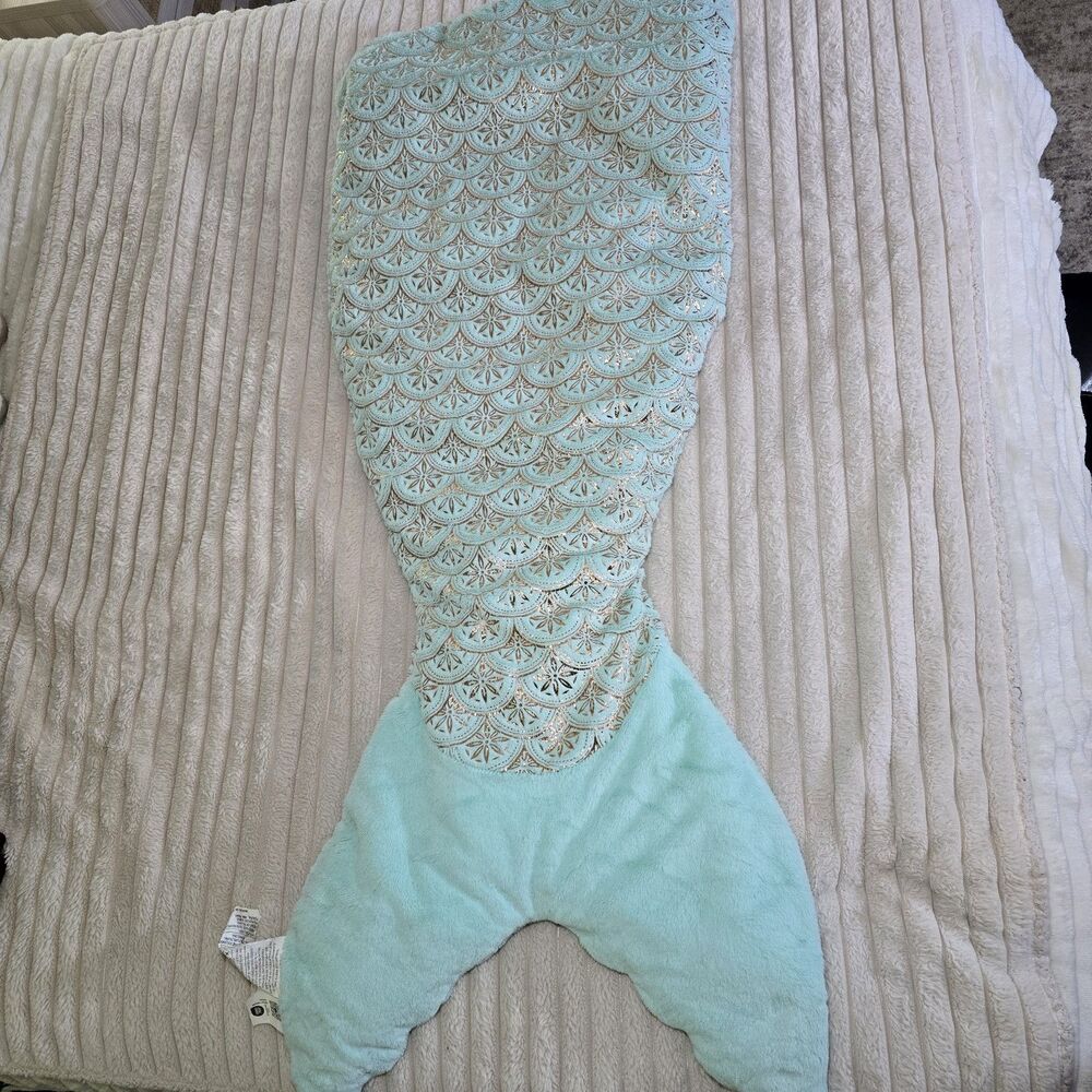 Bella Lux Plush Fleece Mermaid Tail Blanket Teal Gold Tinsel Print Super SOFT